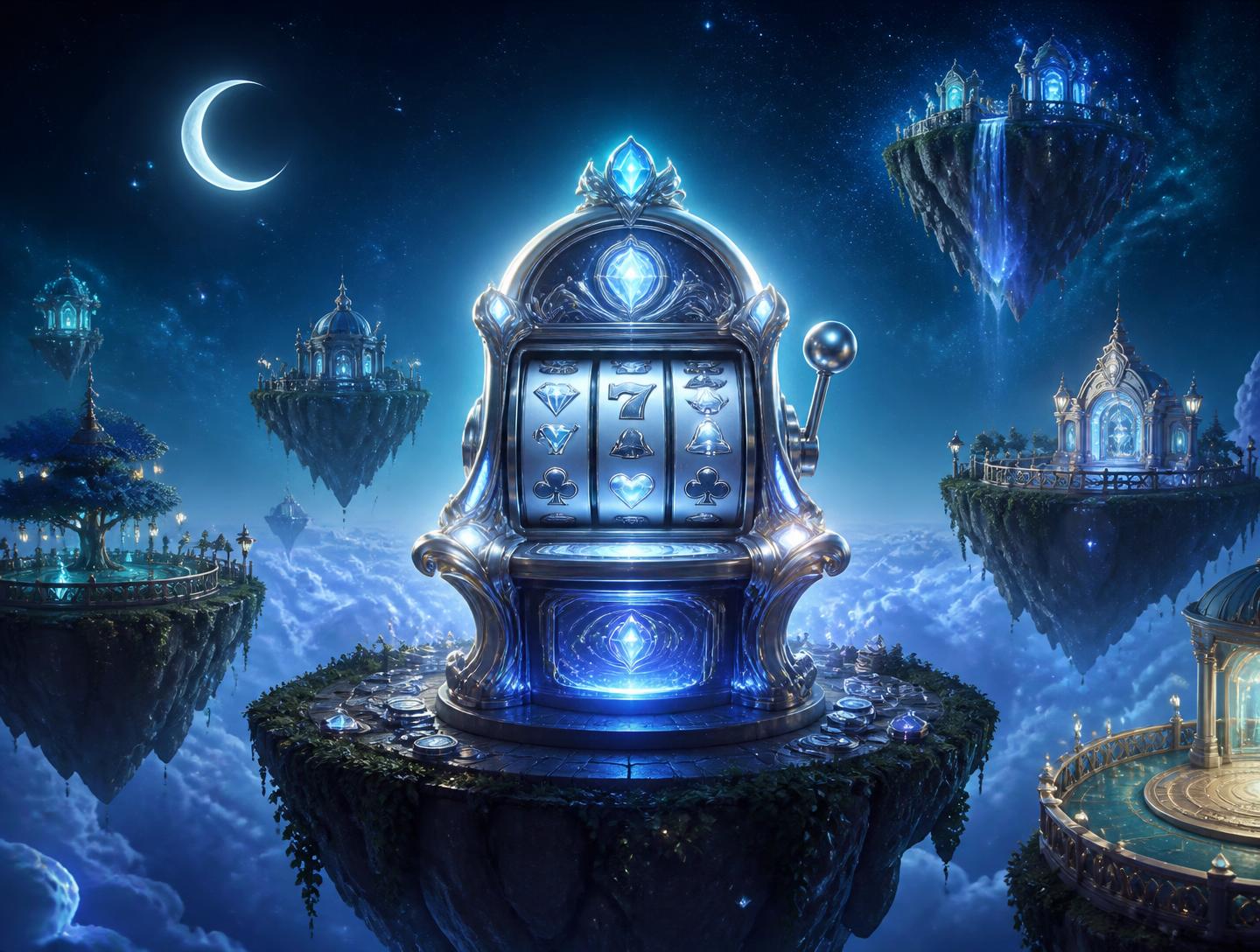 Floating dream islands at night with a glowing slot machine above a sea of clouds