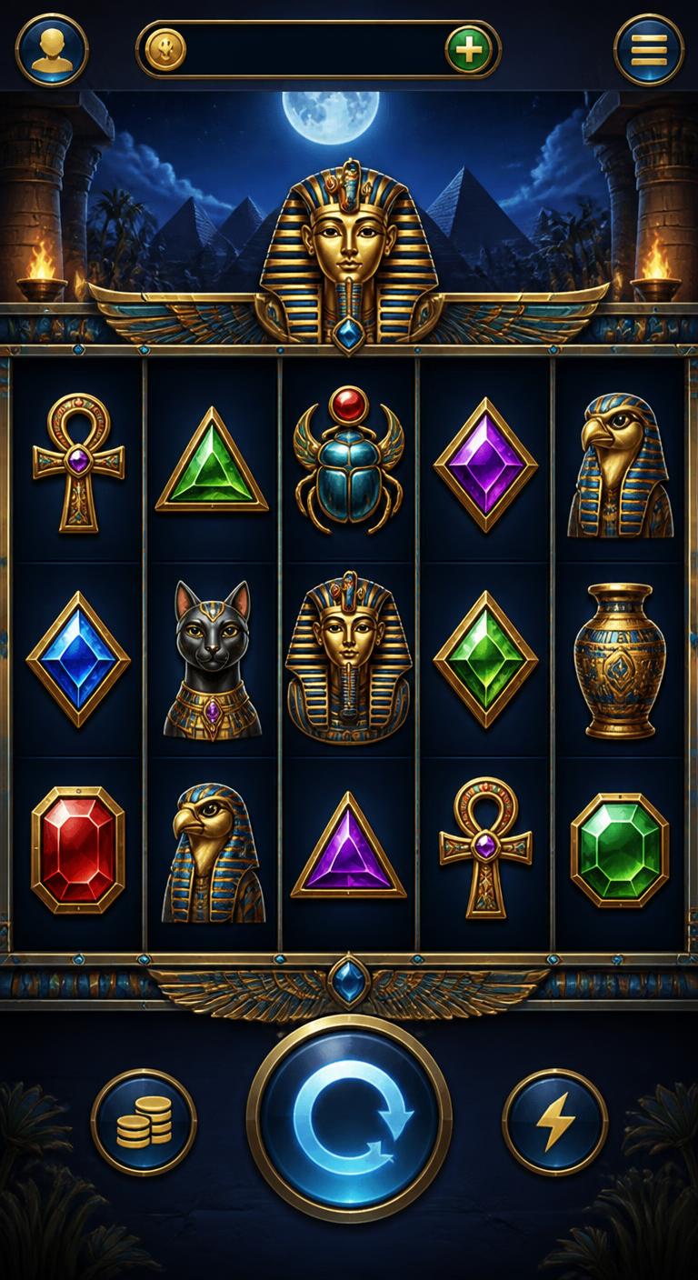 Slot reels with ancient tomb symbols and gem icons