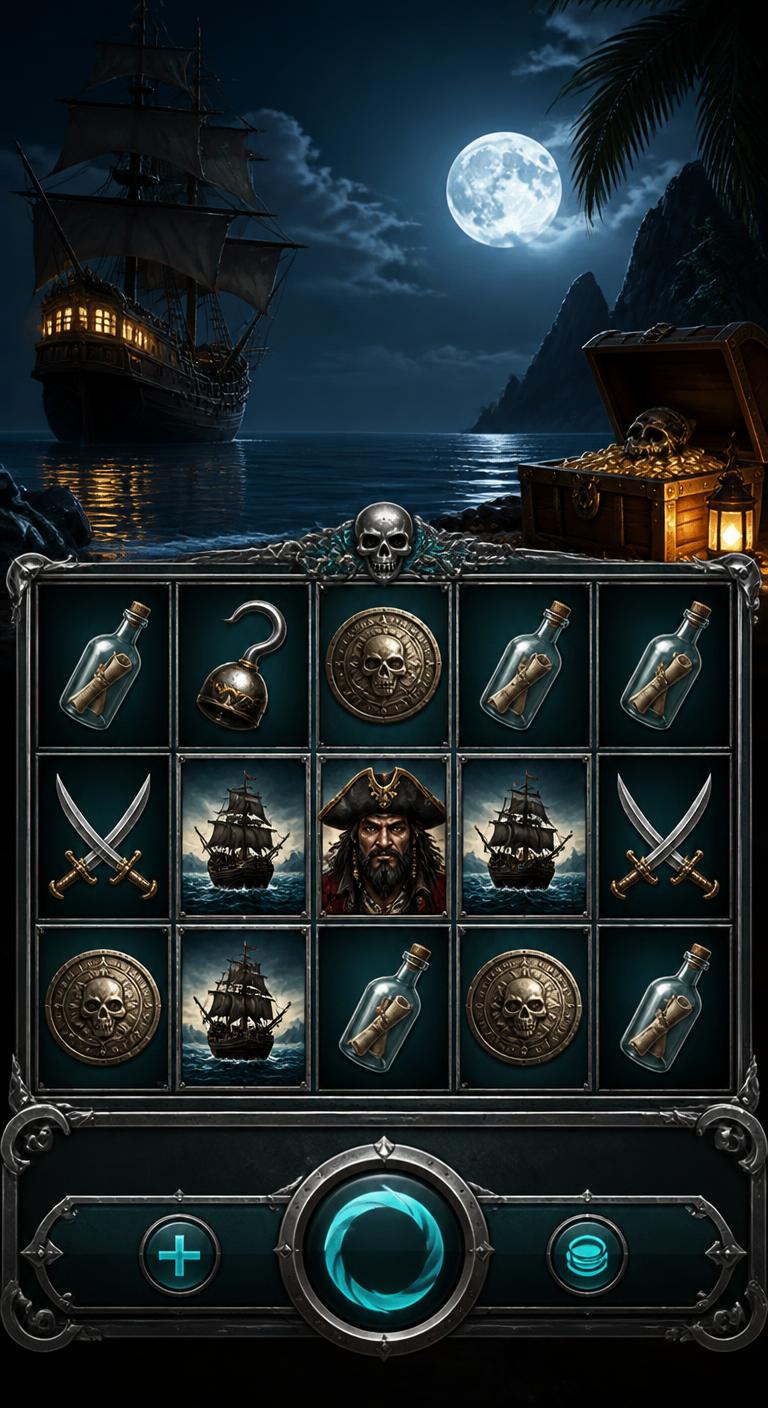 Pirate themed slot reels under a moonlit sea