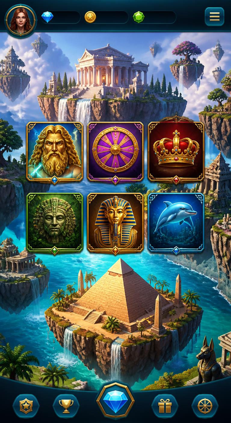 Lobby map of floating dream islands with game tiles